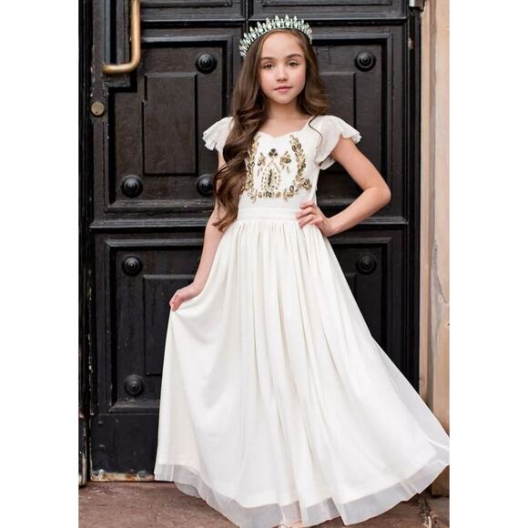 Mia Joy Girls Ivory Maxi Dress With Gold Embellished Bodice Flutter Sleeves & Fl - Picture 10 of 16